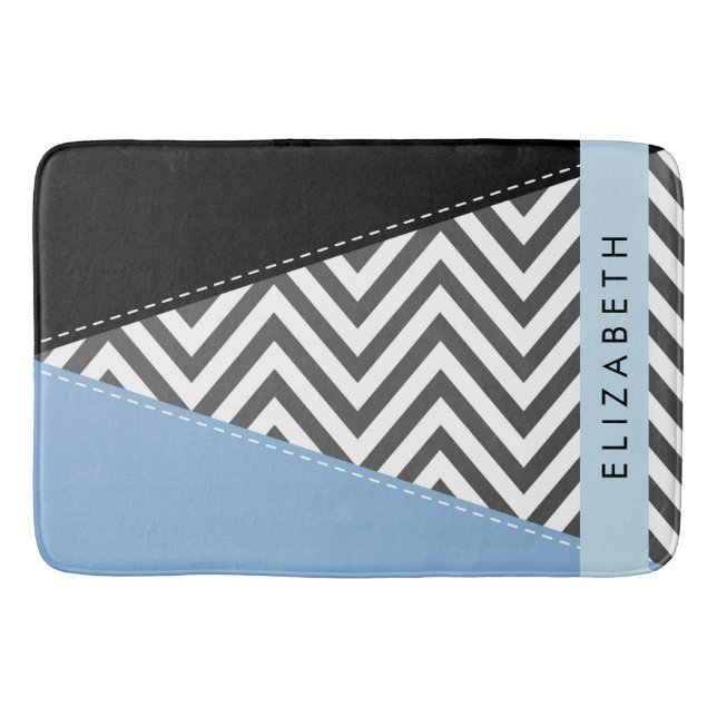 Tapis De Bain Grey Zigzag, Grey Chevron, Bleu, Votre Nom (Devant)