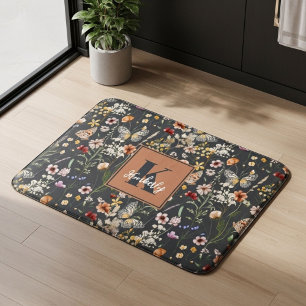 Tapis De Bain Gris Charbon Boho Floral Monogrammé