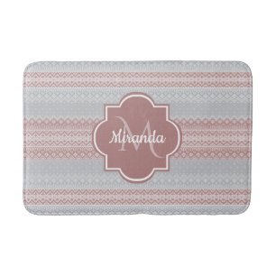 Tapis De Bain Gris chic et rose cinglé rayures et monogramme