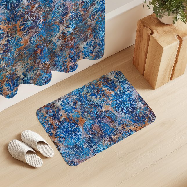 Tapis De Bain Grunge Damask Bleu Cobalt Rouille Orange (Créateur téléchargé)