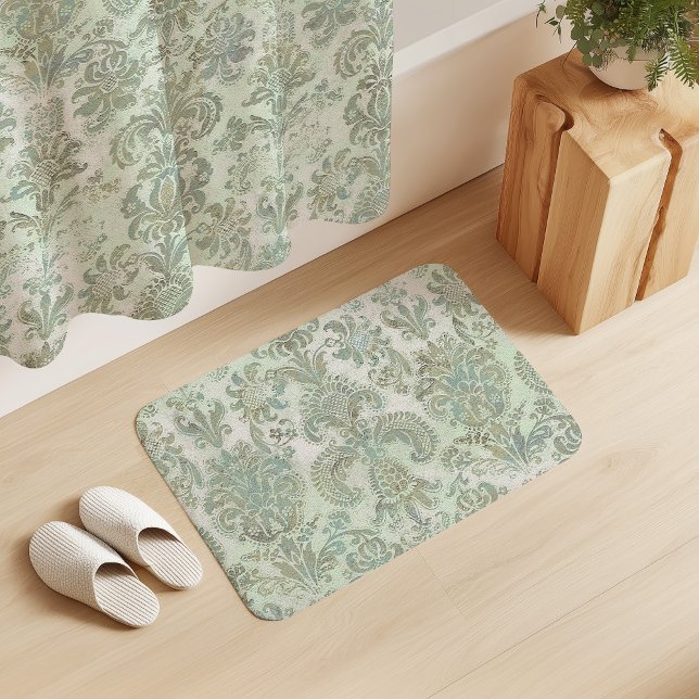 Tapis De Bain Grunge Damask Canard Œuf Bleu Sage Vert (Créateur téléchargé)