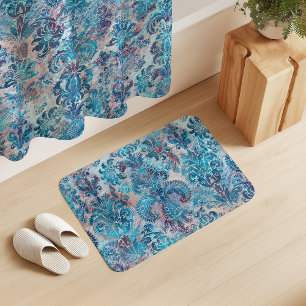 Tapis De Bain Grunge Damassé Denim Bleu Bourgogne Pêche Rose Fon