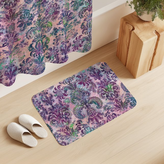 Tapis De Bain Grunge Damassé Rose Violet Chartreuse Turquoise (Créateur téléchargé)