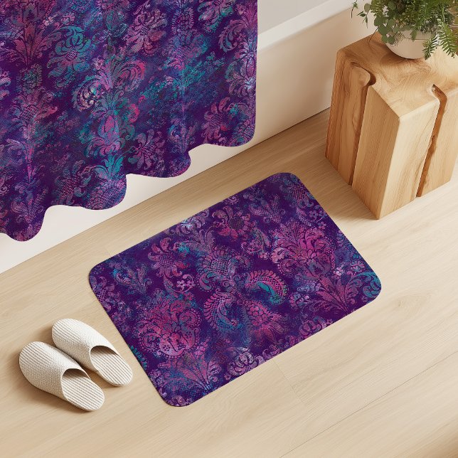 Tapis De Bain Grunge Damassé Violet Pourpre Turquoise Rose Chaud (Créateur téléchargé)