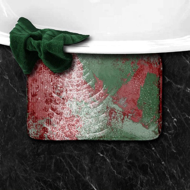 Tapis De Bain Grunge de Noël | Arbre XMas vert et blanc rouge (Créateur téléchargé)