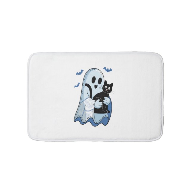 Tapis De Bain Halloween bleu Denim Ghost et chat (Devant)
