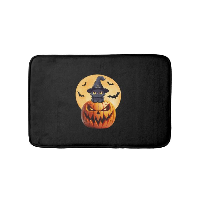 Tapis De Bain Halloween Chat Noir Citrouille Apportent l'excitat (Devant)