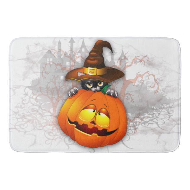Tapis De Bain Halloween Cute Kitty Witch et ami Citrouille (Devant)