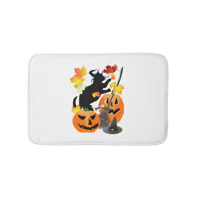 Tapis De Bain Halloween Noir Kitty Batting Joli Feuilles (Devant)