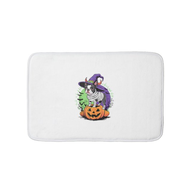 Tapis De Bain Happy Halloween avec Boston Terrier Mummy & Witch (Devant)
