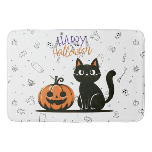 Tapis De Bain Happy Halloween chat et citrouille