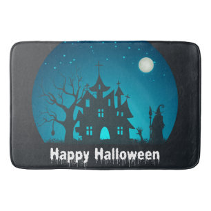 Tapis De Bain Happy Halloween Maison hantée bleue et noire