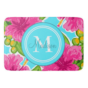 Tapis De Bain Hibiscus de style Preppy tendance Nom du monogramm