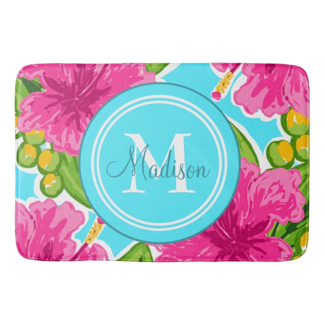 Tapis De Bain Hibiscus de style Preppy tendance Nom du monogramm (Devant)