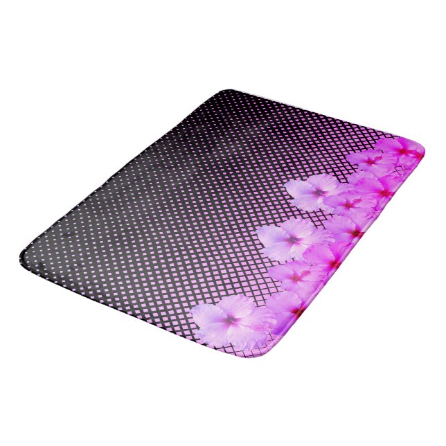 Tapis De Bain Hibiscus rose chaud sur À damiers noir et rose (Angle)