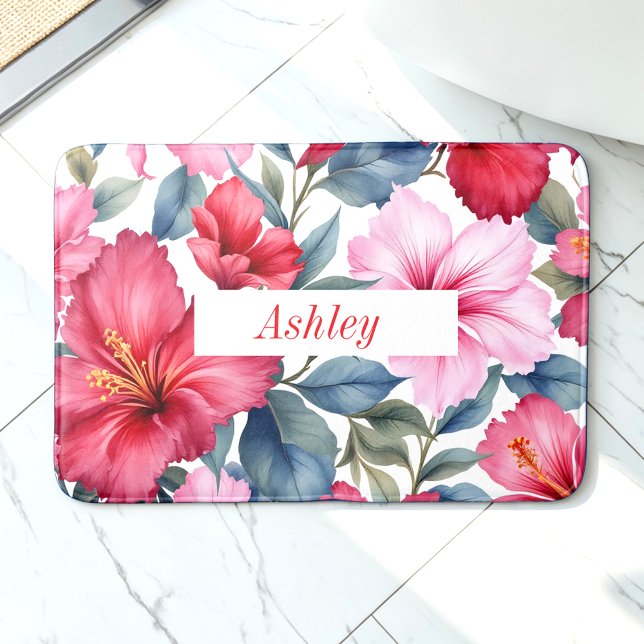 Tapis De Bain Hibiscus rose rouge Fleurs tropicales (Créateur téléchargé)