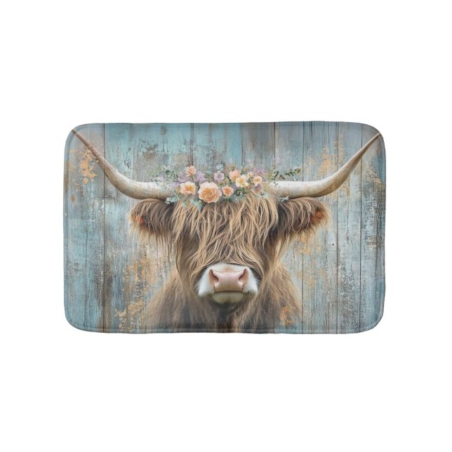Tapis De Bain Highland Cow Floral Wreath Blue Farmhouse Scene (Devant)
