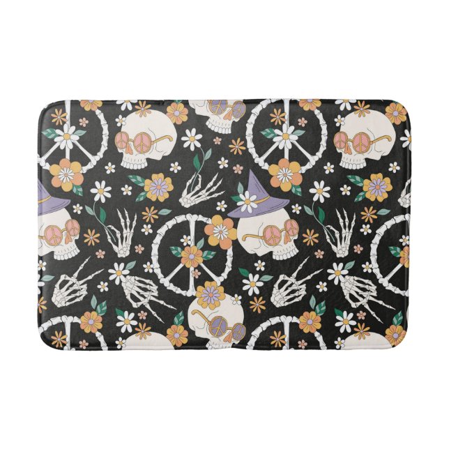 Tapis De Bain Hippie Halloween Skulls et Fleurs Motif (Devant)