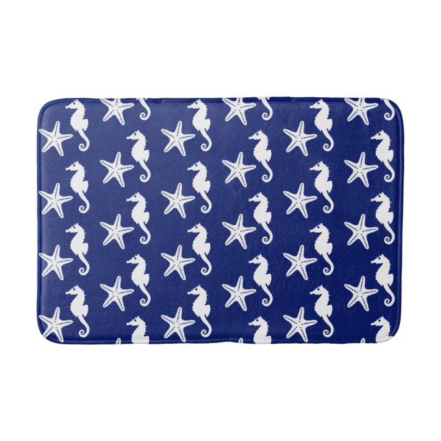 Tapis De Bain Hippocampe et étoile de mer - bleu marine et blanc (Devant)