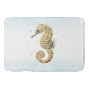 Tapis De Bain Hippocampe sarcelle et or aquarelle plage côtière