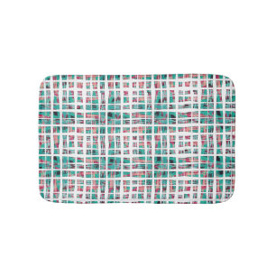 Tapis De Bain Hipster bohème moderne Turquoise Coral noir Plaid