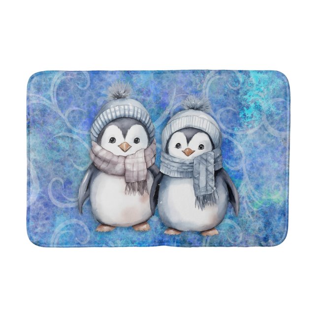 Tapis De Bain Hiver Bleu Aquarelle Pingouins Écarts Casquette (Devant)