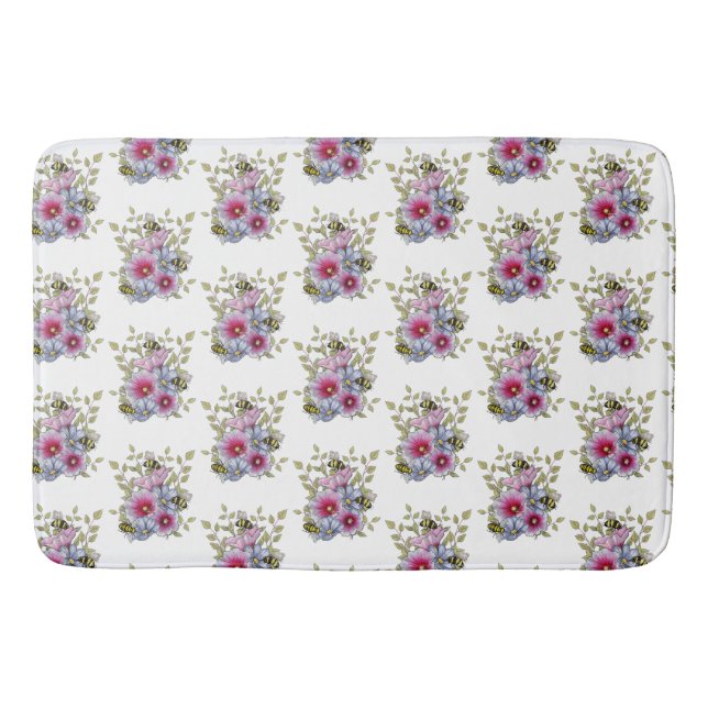 Tapis De Bain Hollyhocks et fleurs bleues avec bourdons (Devant)