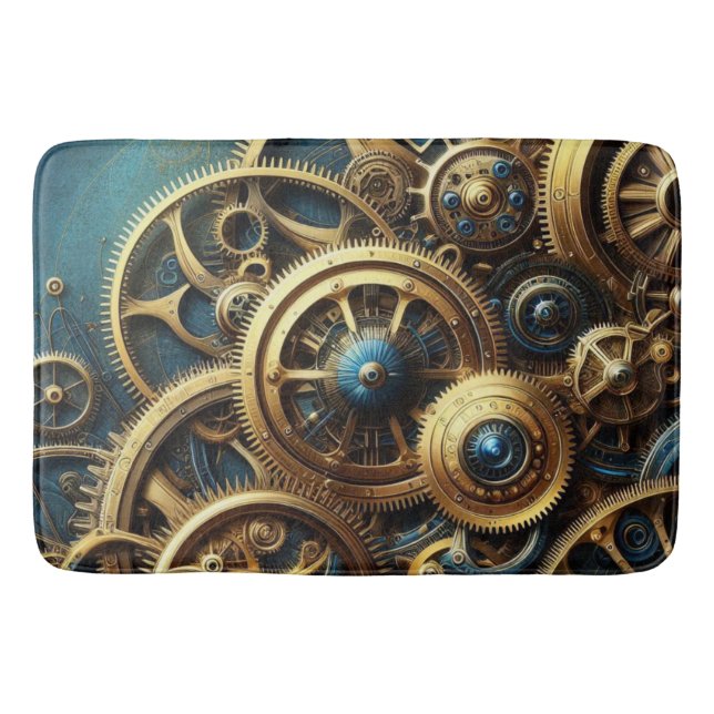 Tapis De Bain Horloge Steampunk Or et Turquoise (Devant)