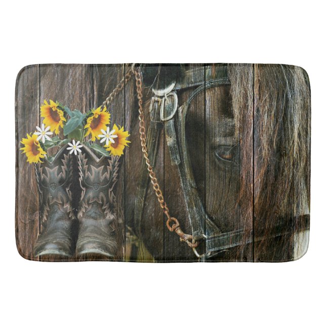 Tapis De Bain Horse Cowboy Boots Sunflowers Rustic Barque (Devant)