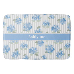 Tapis De Bain Hydrangea Bleu Élégant Rayure Grise Vert Sauge Nom