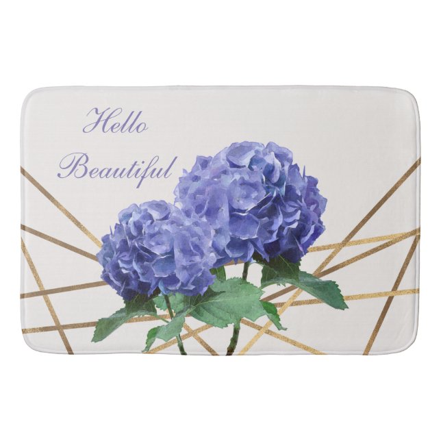 Tapis De Bain Hydrangea Blue Flowers & Gold Floral Chic Spring (Devant)