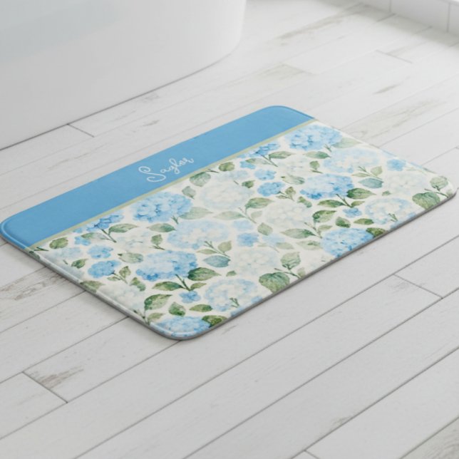 Tapis De Bain Hydrangea Floral Bleu Aquarelle Nom (Créateur téléchargé)