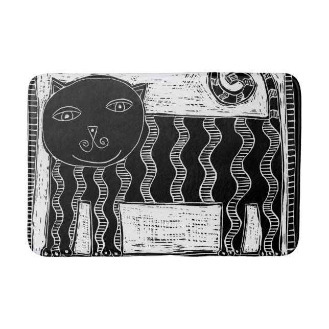 Tapis De Bain Illustration de chat rayé noir et blanc (Devant)