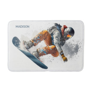 Tapis De Bain Illustration de snowboarder de nom personnalisé