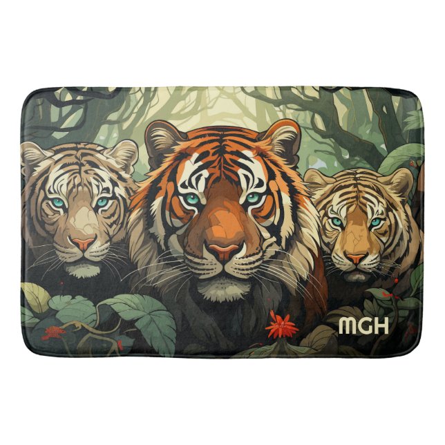 Tapis De Bain Illustration des tigres monogrammes personnalisés (Devant)