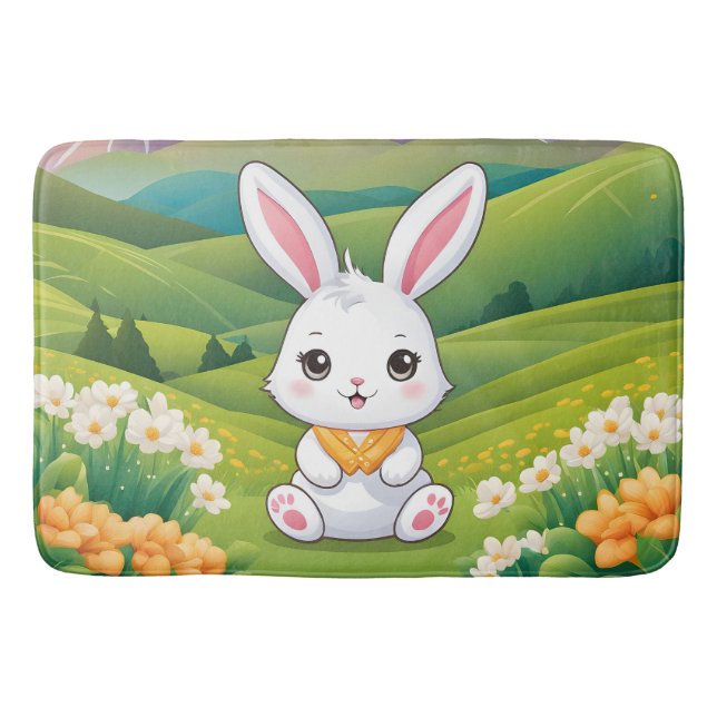 Tapis De Bain Illustration d'un lapin assis dans un champ (Devant)