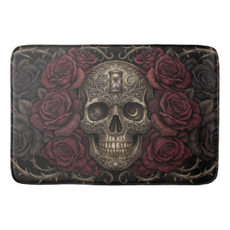 Tapis De Bain Illustration gothique de crâne complexe et de rose