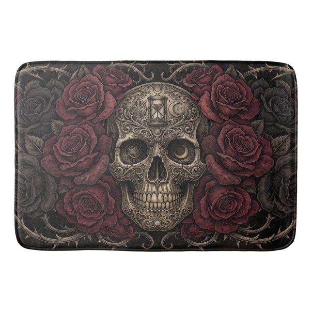 Tapis De Bain Illustration gothique de crâne complexe et de rose (Devant)