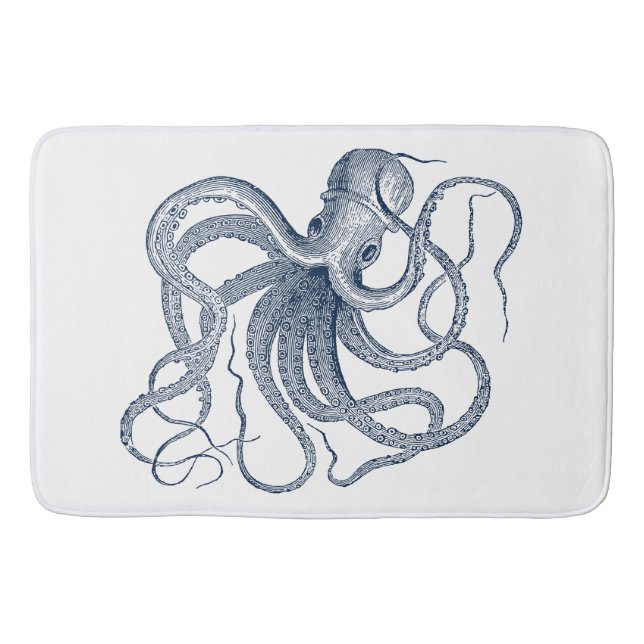 Tapis De Bain Illustration nautique de poulpe bleue (Devant)