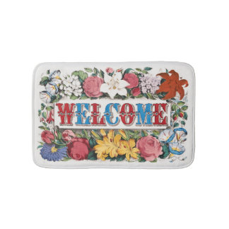 Tapis De Bain Illustration vintage BIENVENUE avec des fleurs