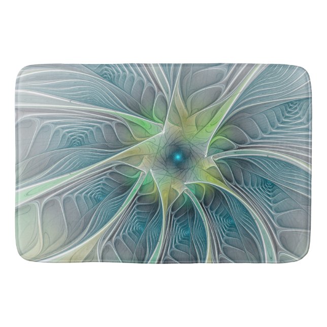 Tapis De Bain Imaginaire fleuri Moderne Bleu Vert Fractal Fleur (Devant)