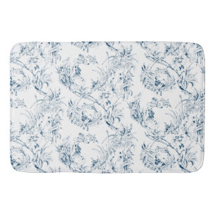 Tapis De Bain Imaginaire Floral vintage gravé bleu toile