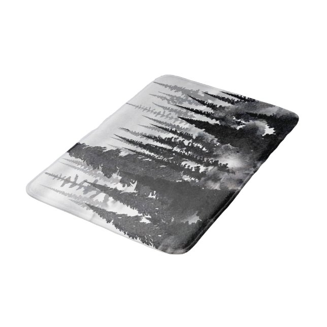Tapis De Bain Impression d'art aquarelle de forêt de pins monoch (Angle)