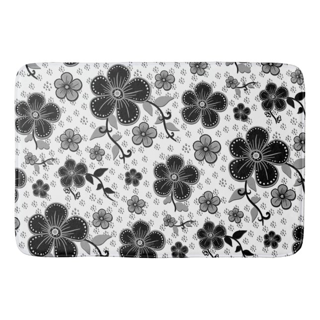 Tapis De Bain Impression florale noire et blanche (Devant)