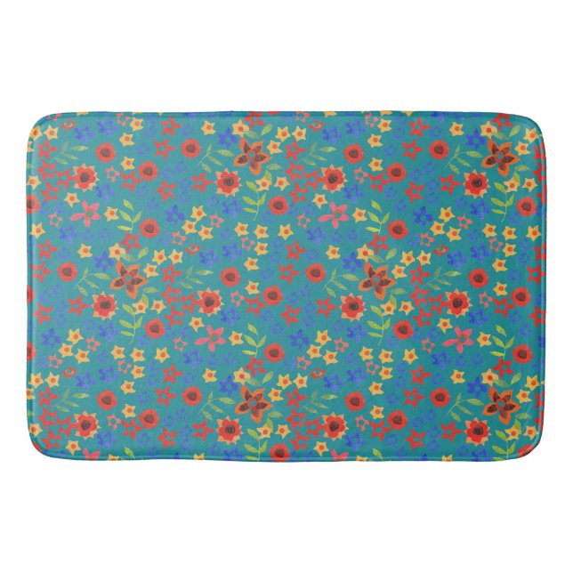 Tapis De Bain Impression florale rétro chic sur la couche Turquo (Devant)