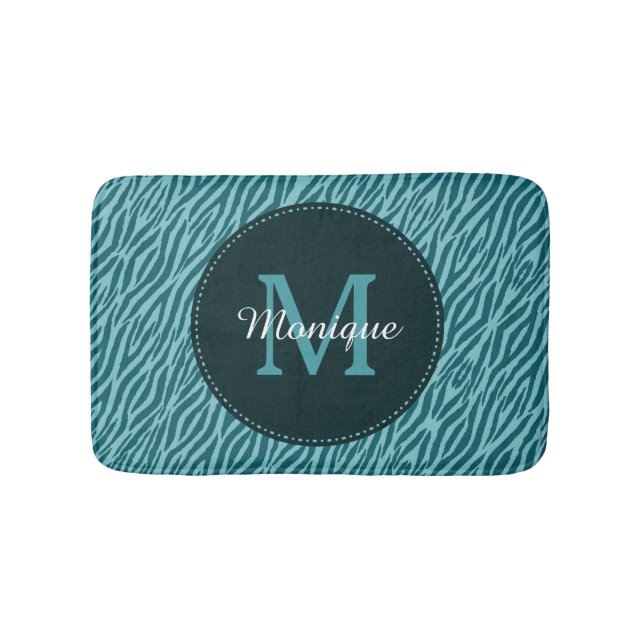 Tapis De Bain Impression Zèbre Turquoise avec Monogramme et nom (Devant)
