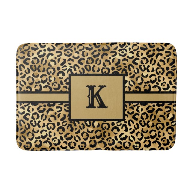 Tapis De Bain Imprimé guépard léopard or noir avec monogramme (Devant)
