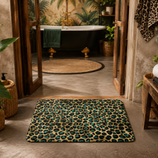 Tapis De Bain Imprimé léopard glamour or et sarcelle