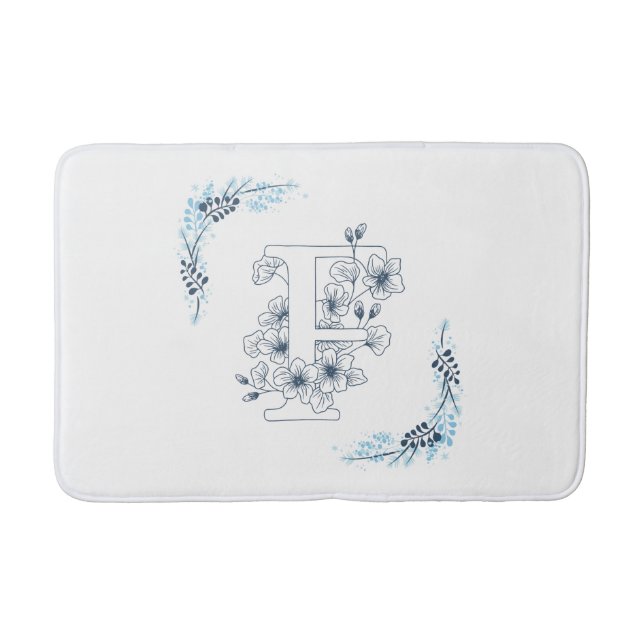 Tapis De Bain Initiale "F" Monogramme bleu Calme Floral (Devant)
