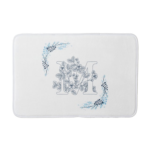 Tapis De Bain Initiale "M" Monogramme Bleu Calme Floral (Devant)